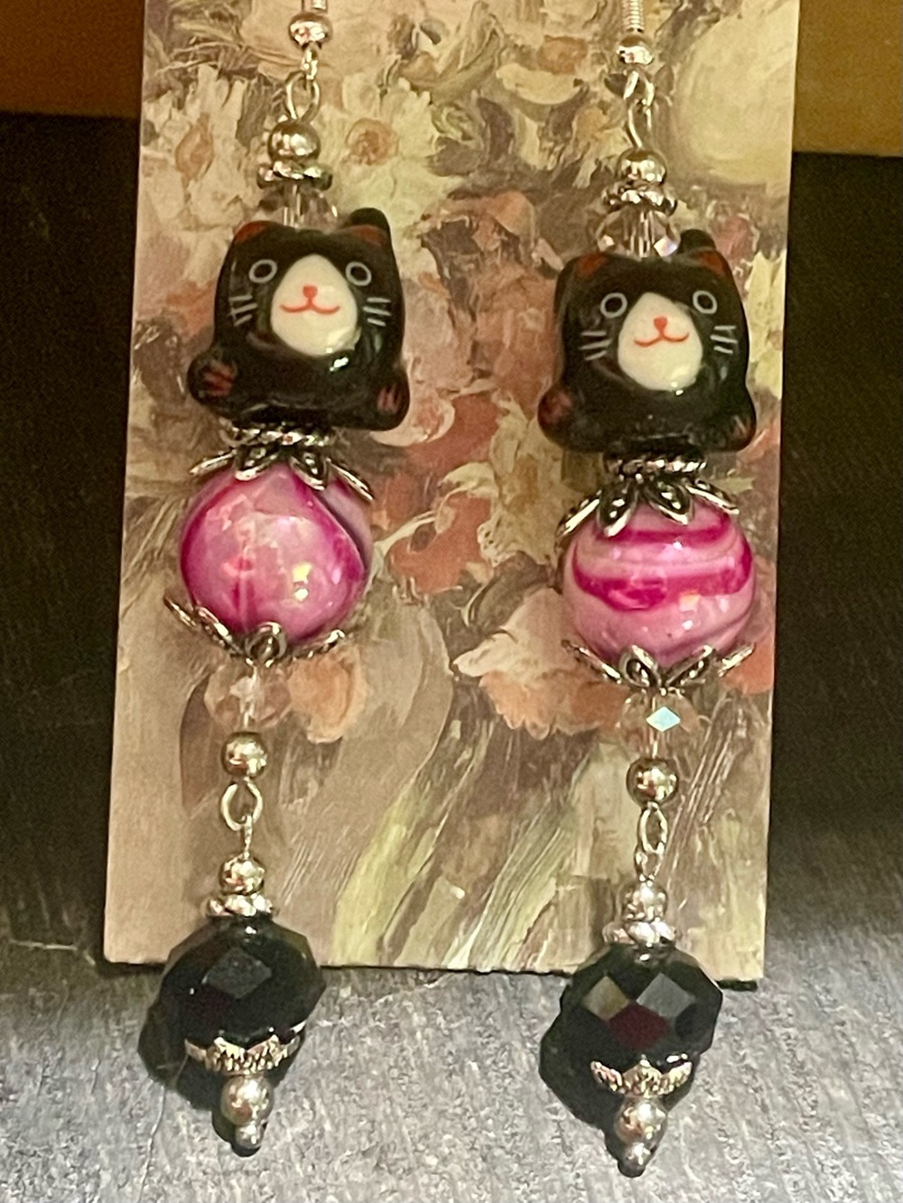 Hand Crafted Black Cat Pink Beaded Dangle Earrings